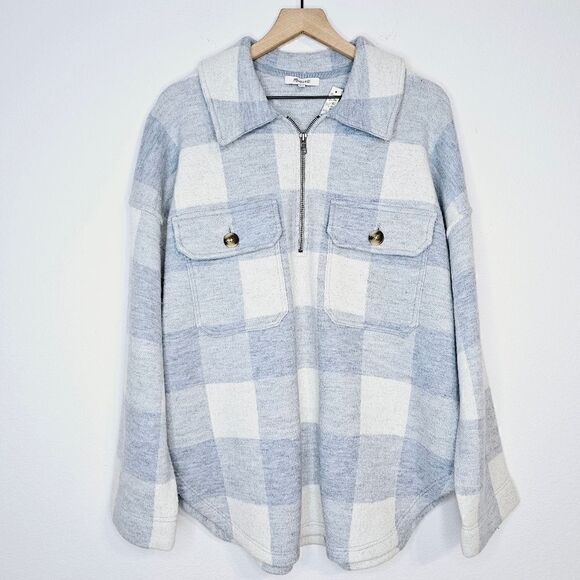 New! Madewell Boiled Wool Half-Zip Popover Sweater Buffalo Check Shacket Jacket - Picture 4 of 14